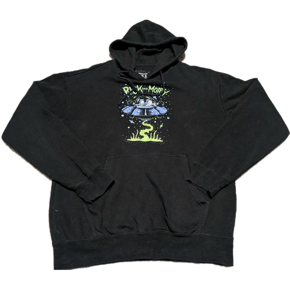 Rick and Morty Sweater Men Sz Small Black Hoodie Spaceship Dumping Pull‎ Over